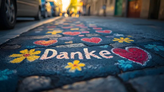 Bunte Kreidespiralkunst auf Straße mit Danke-Botschaft