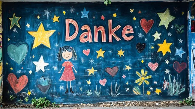 Bunte Kreidetafel mit 'Danke' und Sternen