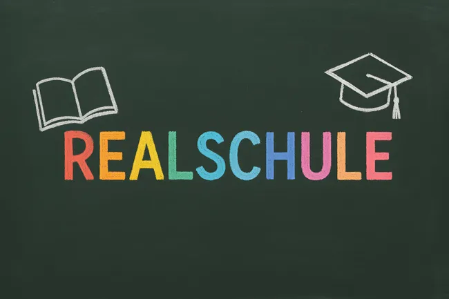 Bunte Kreidetafel mit Schulschild und Graduiertenmütze