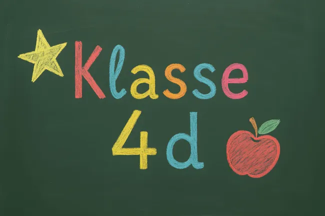 Bunte Kreidezeichnung mit Schulklasse, Stern und Apfel