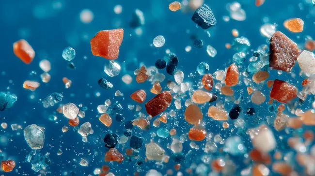 Bunte Kristalle in Wassertropfen auf Blau