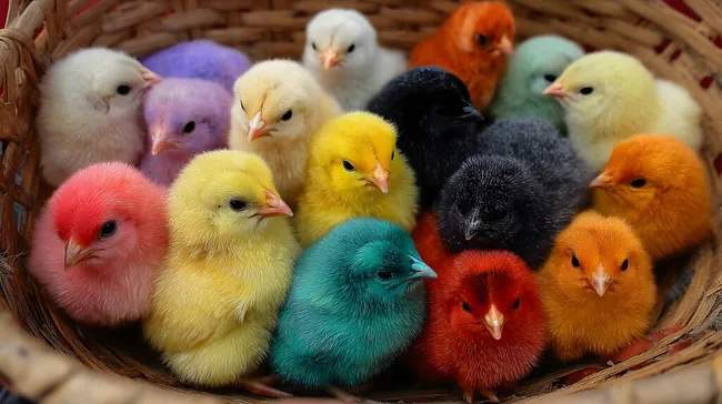 Bunte Küken in einem Osterkorb