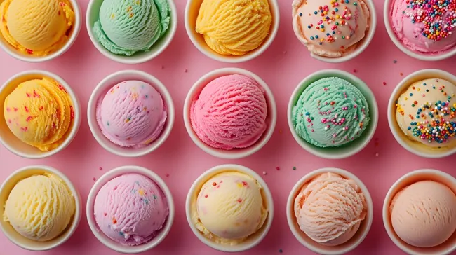 Bunte Kugel-Eissorten auf rosa Hintergrund