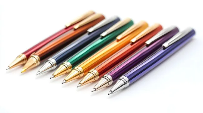 Bunte Kugelschreiber in Reihe: Farbenfrohe Büroausstattung