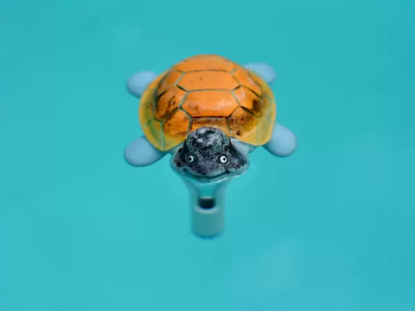 Bunte, künstliche Schildkröte im Wasser