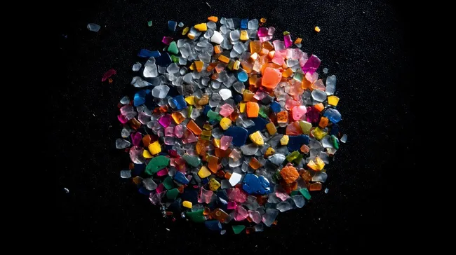 Bunte Kunststoffgranulate auf schwarzem Hintergrund