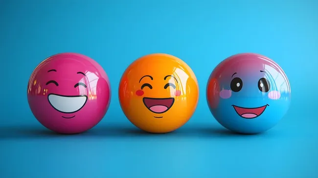 Bunte, lachende Emoji-Bälle auf blauem Hintergrund