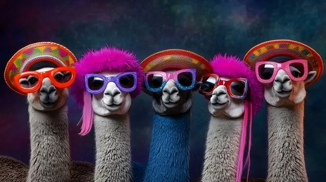 Bunte Lamas mit Sonnenbrillen und Hüten