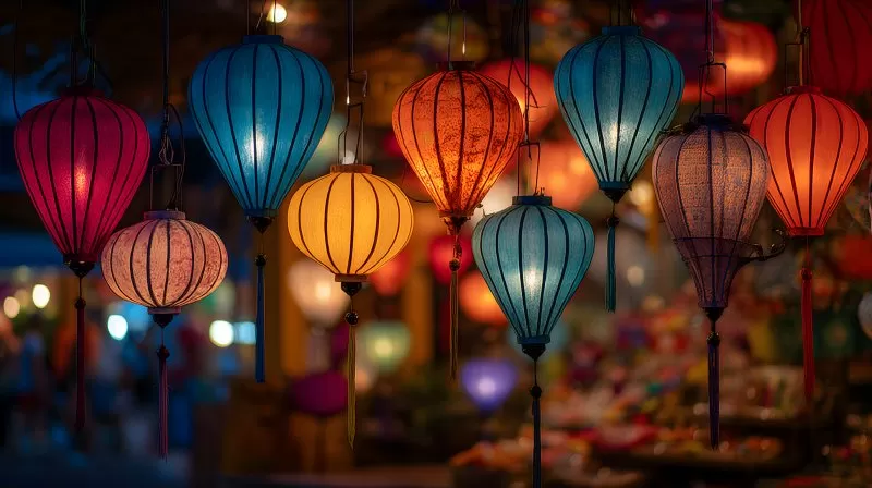 Bunte Lampions auf Nachtmarkt in Hoi An bei Dämmerung