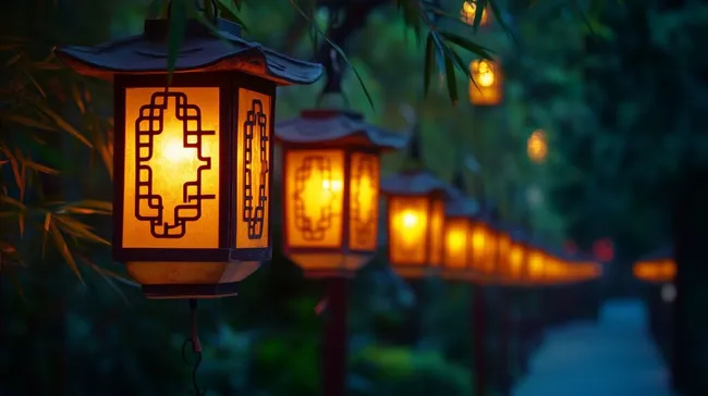 Bunte Laternenreihe in nächtlichem Garten