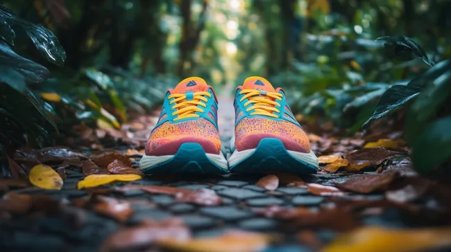 Bunte Laufschuhe auf naturnahem Waldpfad