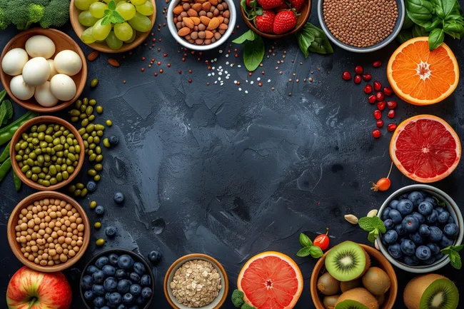 Bunte Lebensmittel auf dunklem Hintergrund