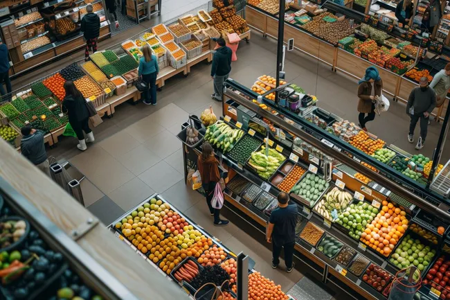 Bunte Lebensmittel in einem modernen Supermarkt