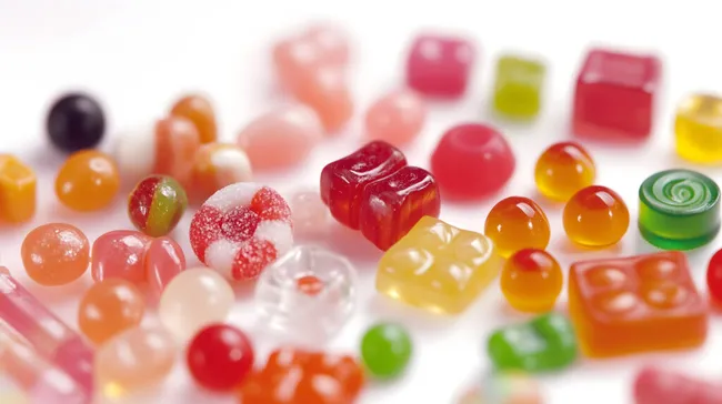 Bunte, leckere Gummibärchen auf weißem Hintergrund