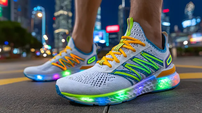 Bunte, leuchtende Laufschuhe bei Nachtaufnahme