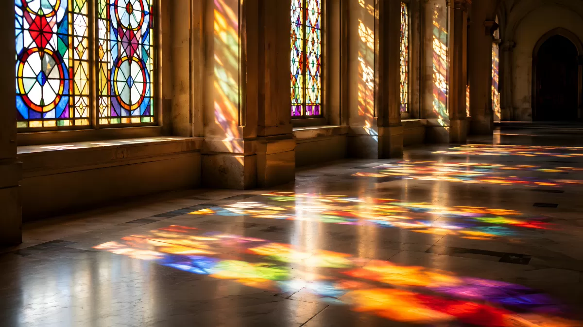 Bunte Lichtreflexe durch Kirchenfenster auf Steinboden