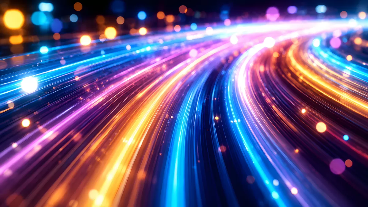 Bunte Lichtspuren rasen durch die digitale Nacht