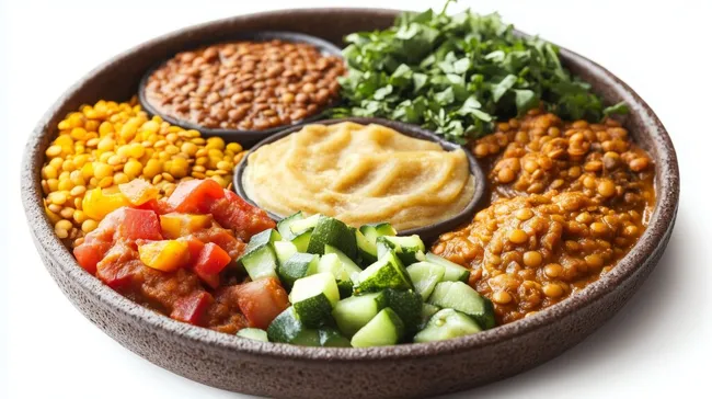 Bunte Linsen und Gemüse in rustikaler Schüssel