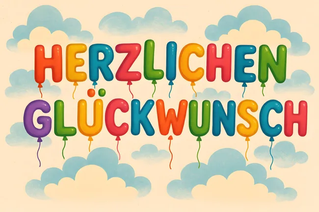 Bunte Luftballons mit Glückwunschbotschaft am Himmel