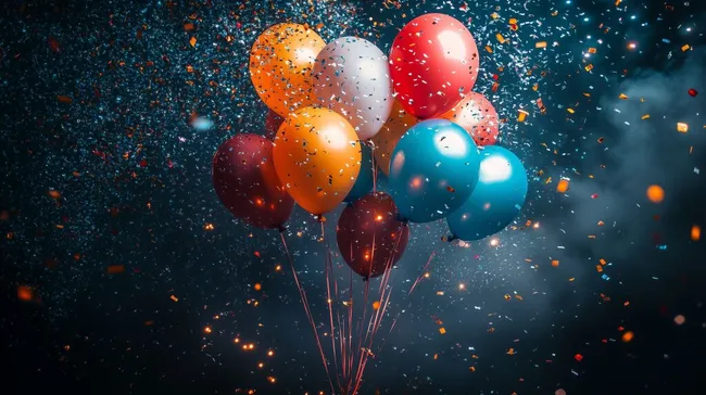 Bunte Luftballons mit Konfetti und Glitzer im Dunkeln