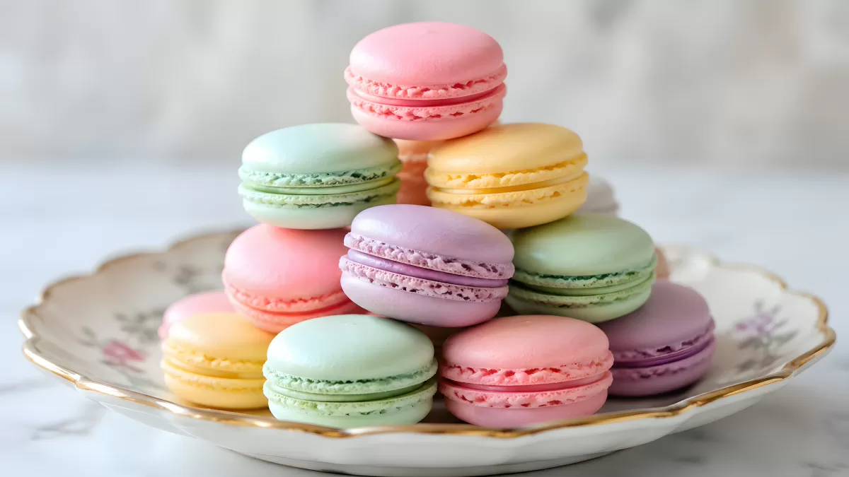 Bunte Macarons auf edlem Porzellantteller gestapelt