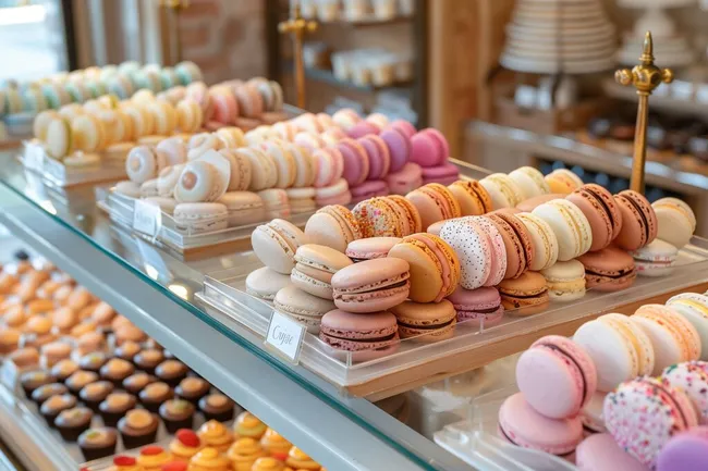 Bunte Macarons in Vitrine