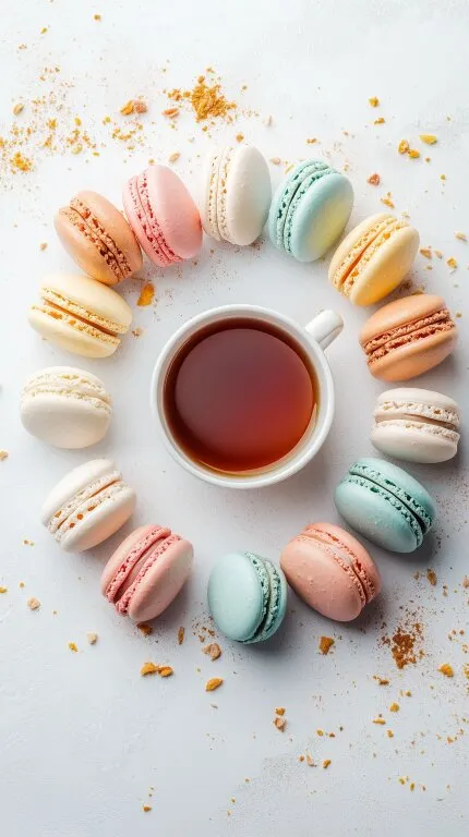 Bunte Macarons mit Tee in rustikaler Anordnung