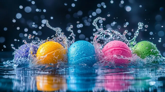 Bunte Macarons und Früchte im Spritzwasser