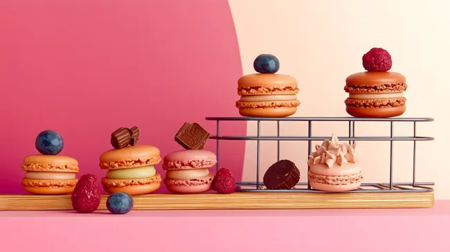 Bunte Macarons und Pralinen auf rosa Hintergrund