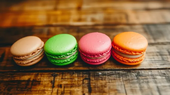 Bunte Makronen auf rustikalem Holztisch