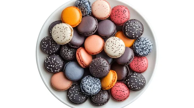 Bunte Makronen auf weißem Teller