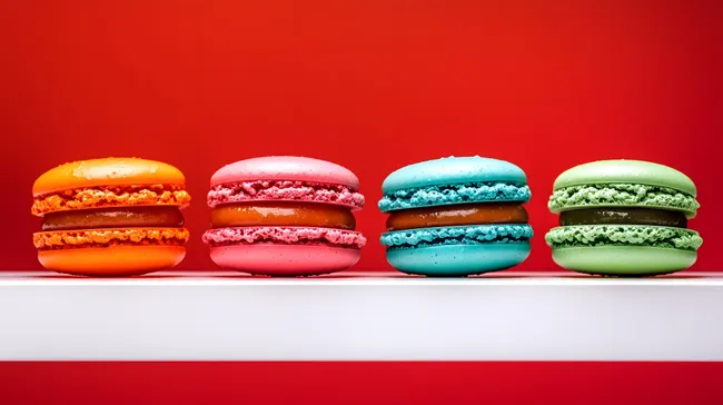 Bunte Makronen auf weißer Ablage vor rotem Hintergrund