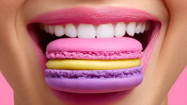 Bunte Makronen zwischen strahlend weißen Zähnen