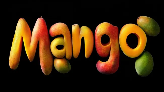 Bunte Mangos in Wort-Komposition auf schwarzem Grund