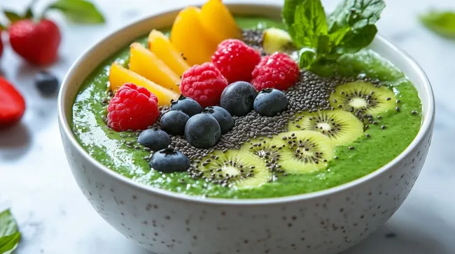 Bunte Matcha-Smoothie-Bowl mit frischem Obst