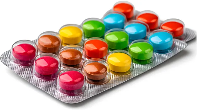 Bunte Medikamente in durchsichtiger Blisterverpackung