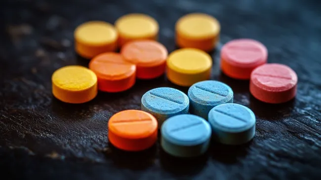 Bunte Medikamentenformulierungen auf dunklem Hintergrund