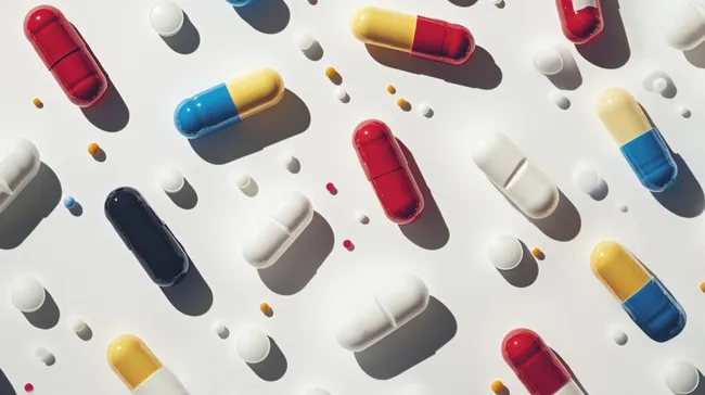 Bunte Medikamentenkapseln in künstlerischer Anordnung
