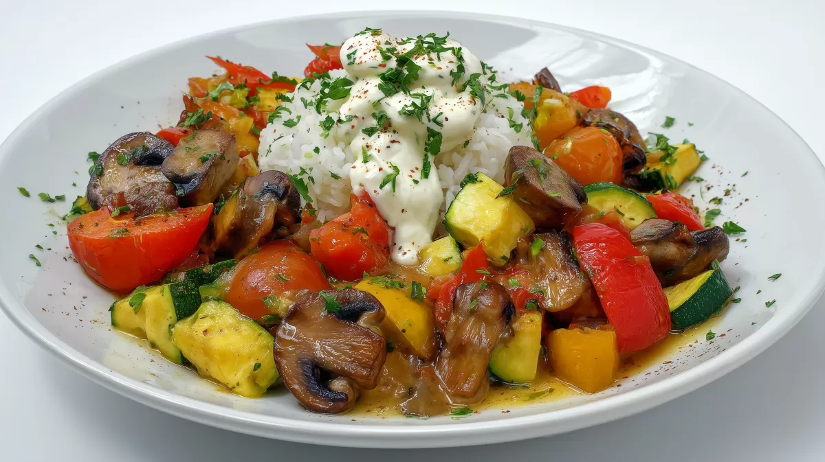 Bunte mediterrane Gemüsepfanne mit Reis und Joghurt