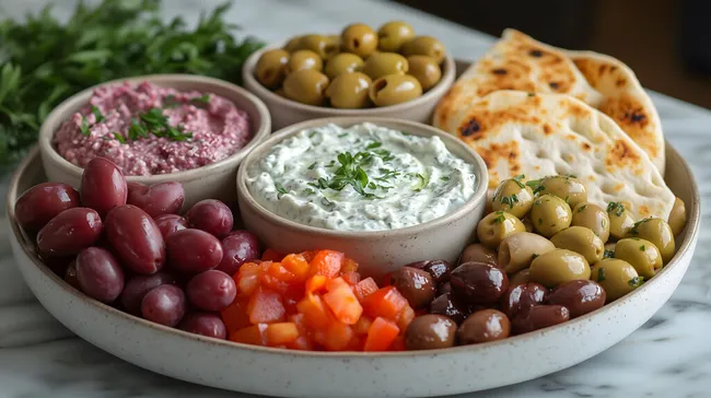 Bunte mediterrane Tapas-Platte mit Oliven und Fladenbrot