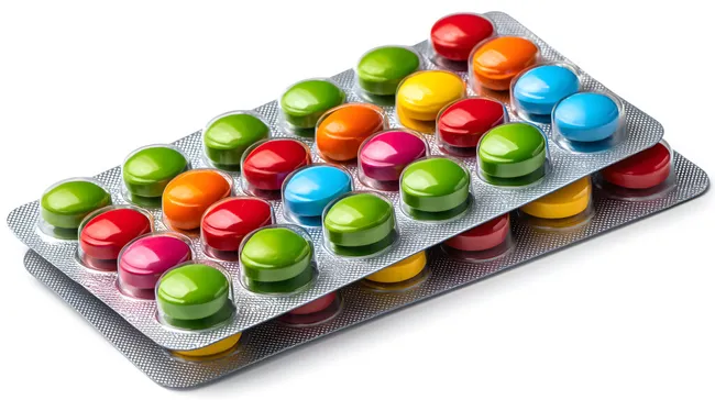 Bunte medizinische Pillen in Blisterpackungen