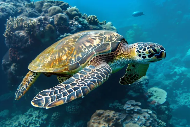 Bunte Meeresschildkröte in tropischem Korallenriff