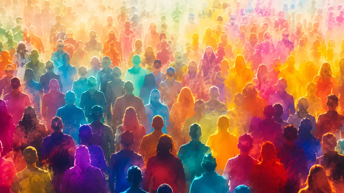 Bunte Menschenmenge in leuchtenden Farben von oben