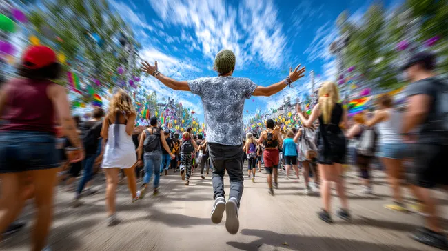 Bunte Menschenmenge jubelnd bei Straßenfest