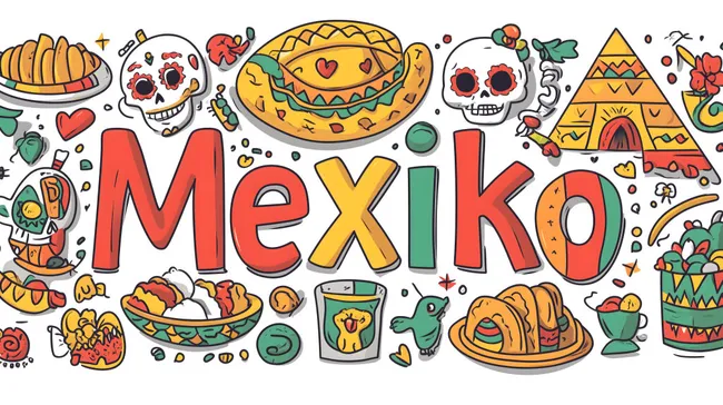 Bunte mexikanische Kulinarik vor Deko-Elementen