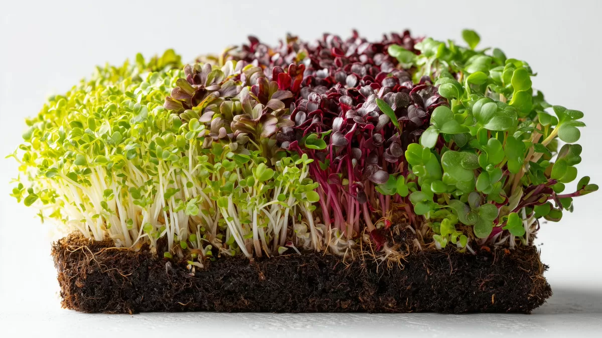 Bunte Microgreens auf Erde in Nahaufnahme