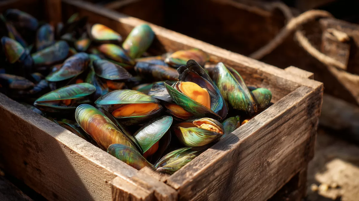 Bunte Miesmuscheln in Holzkiste