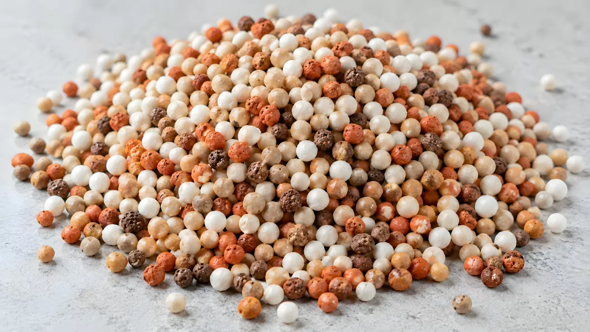 Bunte Mineralperlen und Keramikkugeln in Nahaufnahme