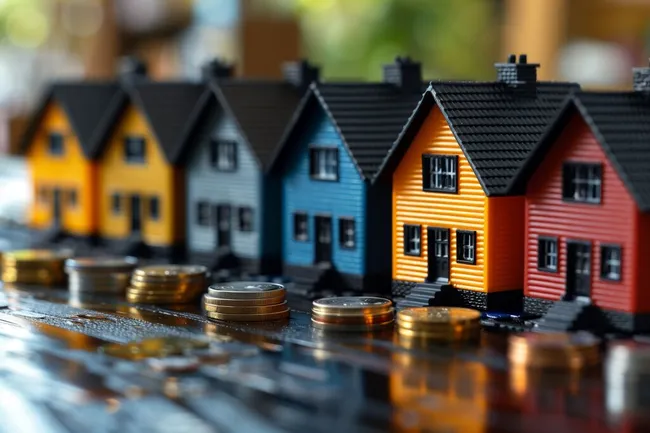Bunte Miniatur-Häuser mit Münzen - Immobilienmarkt-Konzept