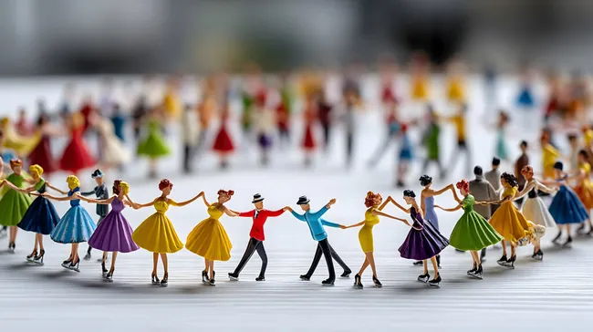 Bunte Miniaturmenschen tanzen fröhlich im Kreis